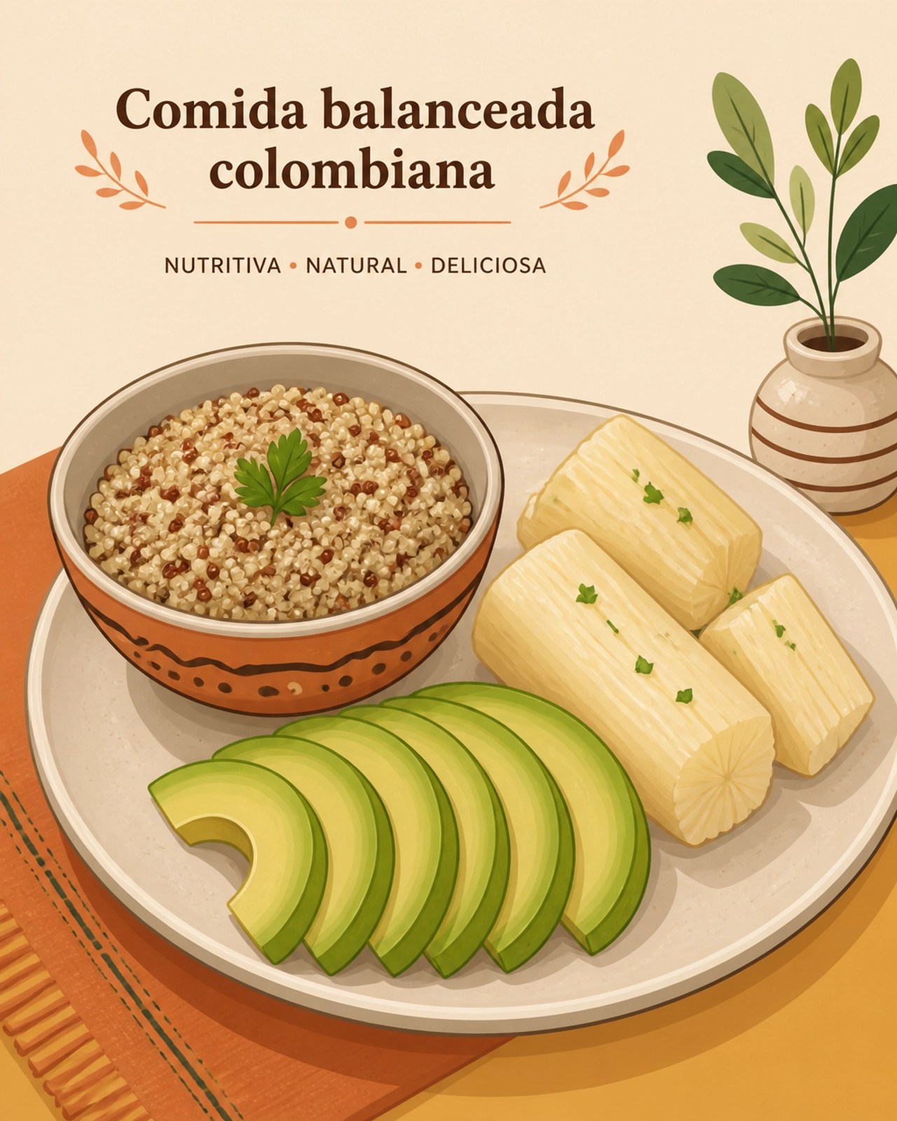 Ilustración de un plato equilibrado con quinua, yuca y aguacate, resaltando la armonía de los ingredientes locales