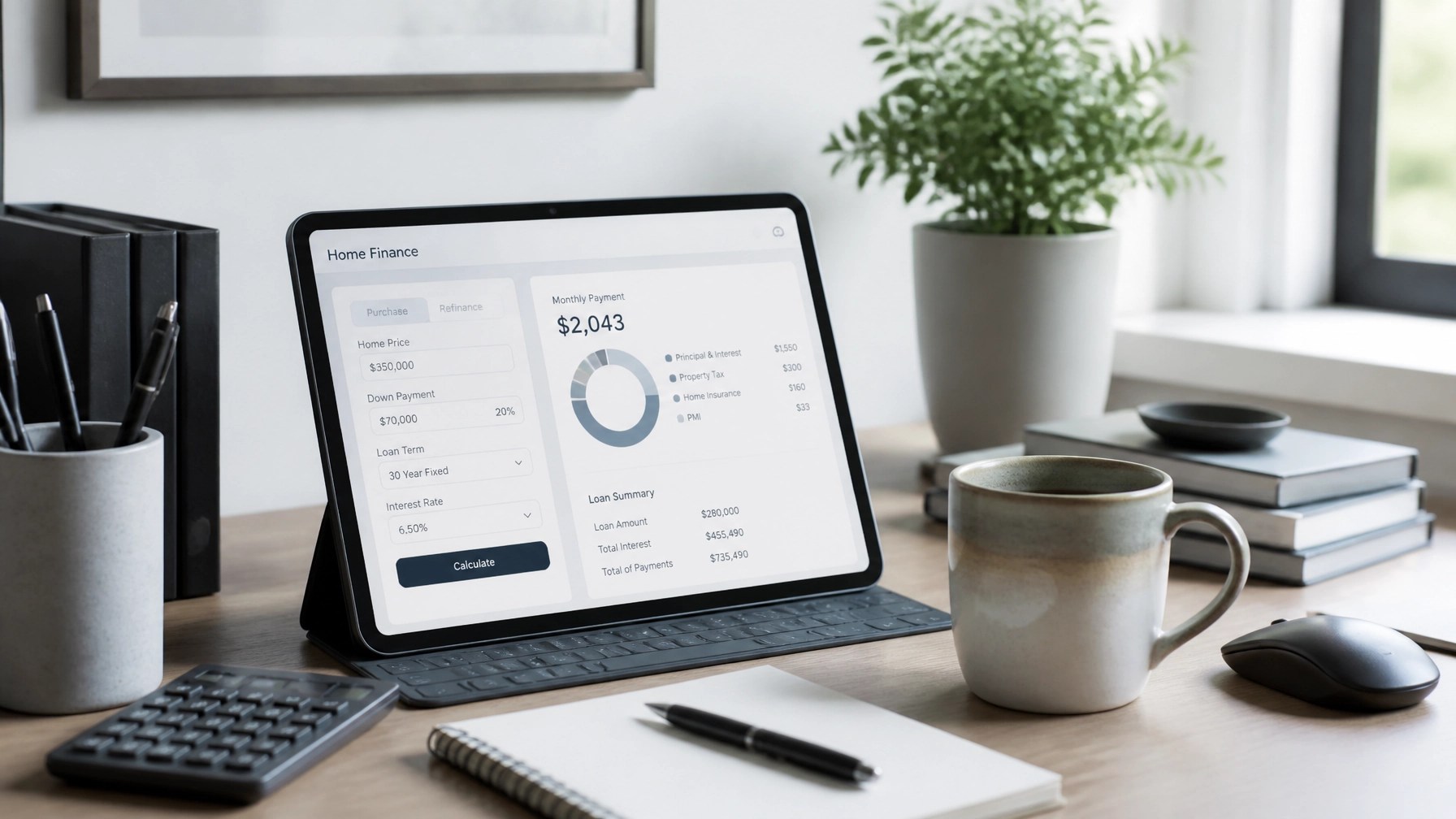A professional, tidy home office desk featuring a tablet displaying a mortgage calculator and a cup of coffee. The setting is bright and organized, signifying the ease and clarity of the digital application process at Inkrote Lending Solutions.