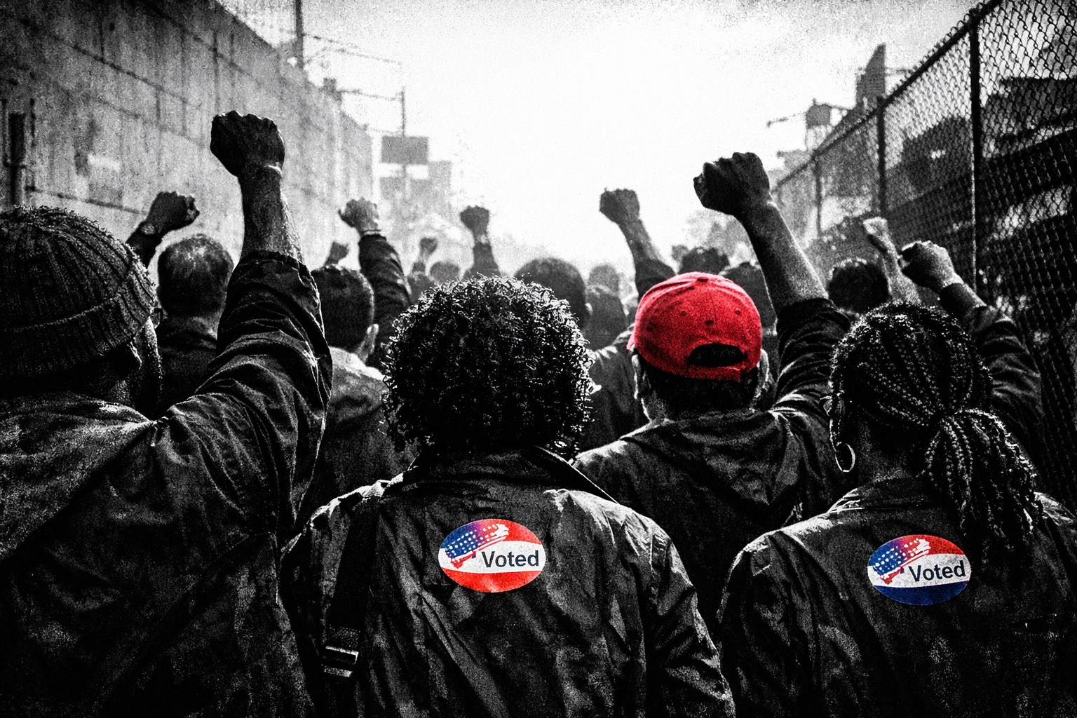 Diverse crowd with raised fists at voting location representing 2026 midterm activism
