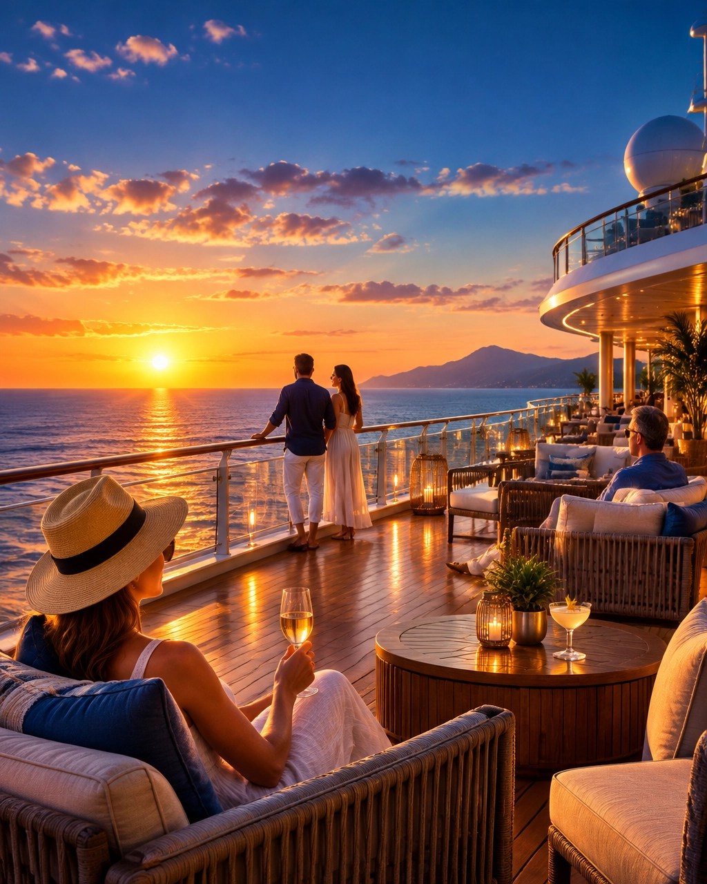Travelers enjoying an ocean view from a cruise ship deck at sunset