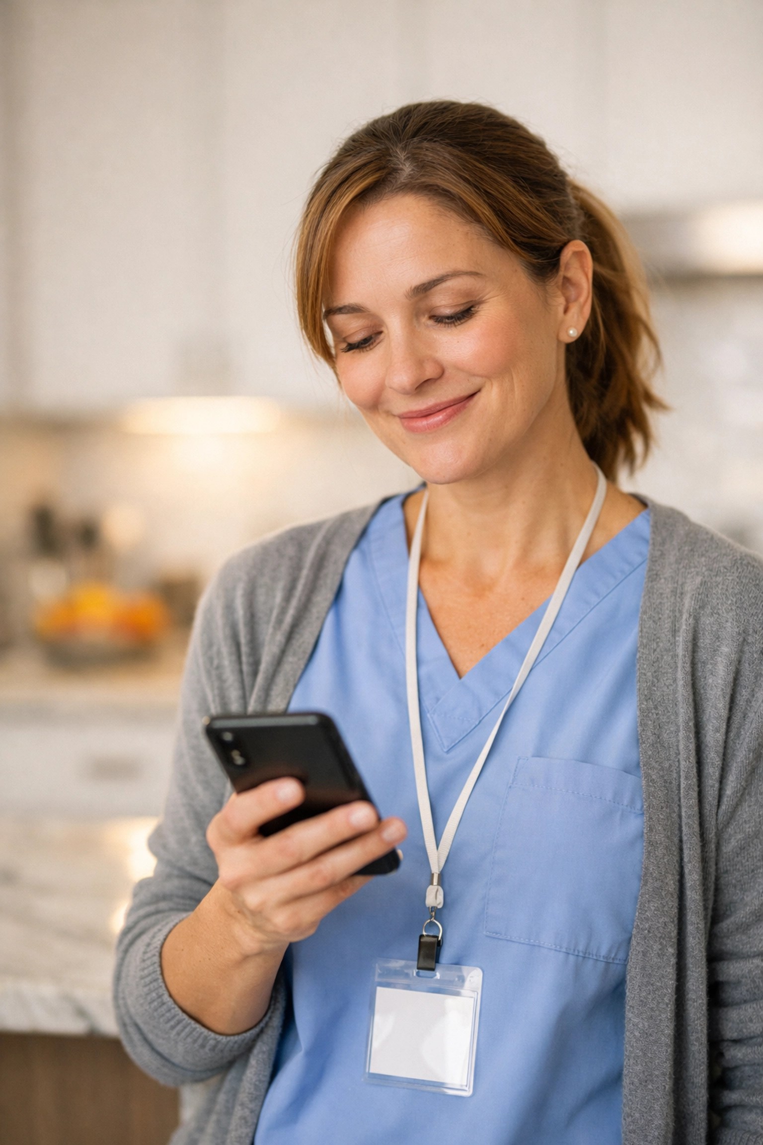 Caregiver smiling while tracking a loved one's medical transport arrival on a mobile device.