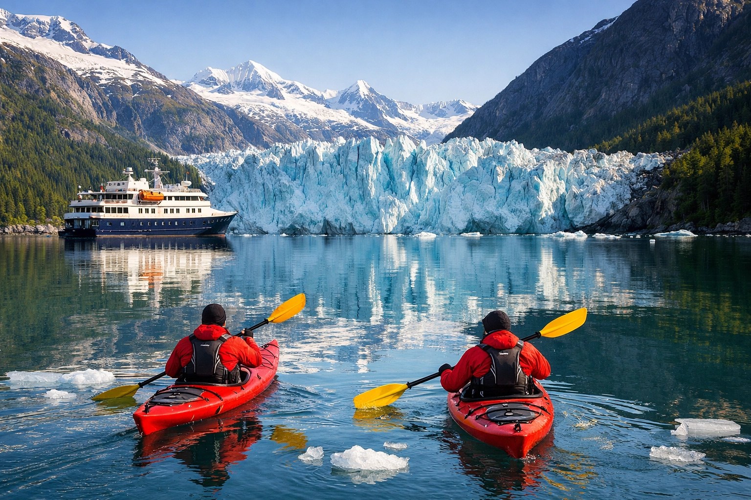 UnCruise Adventures small ship anchored in an Alaskan fjord with guests kayaking near a blue glacier.