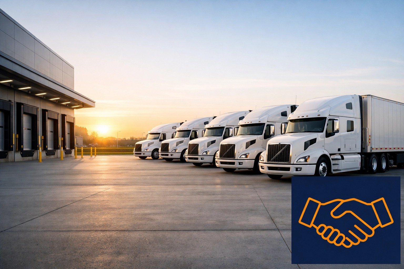 White semi-trucks at a loading dock with a handshake icon representing strong broker-carrier relationships.
