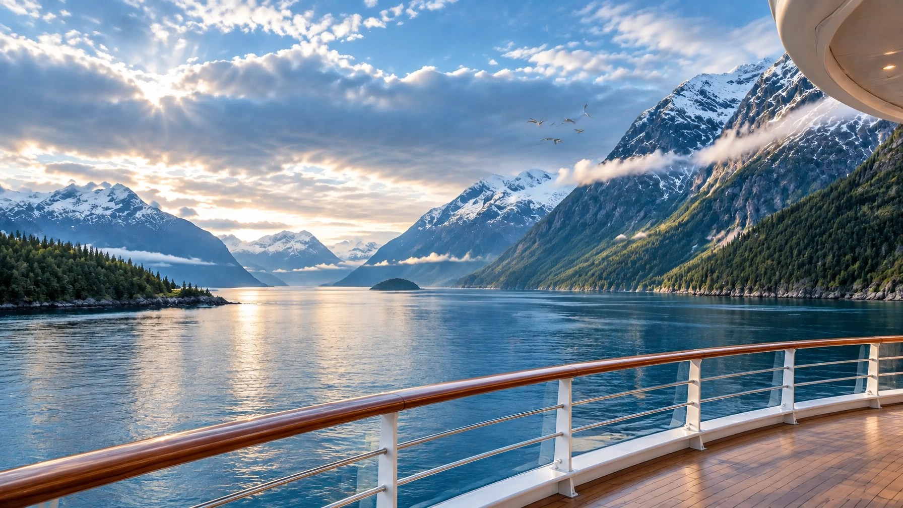 An empty open deck overlooking Alaska’s forested islands and mountain-lined water
