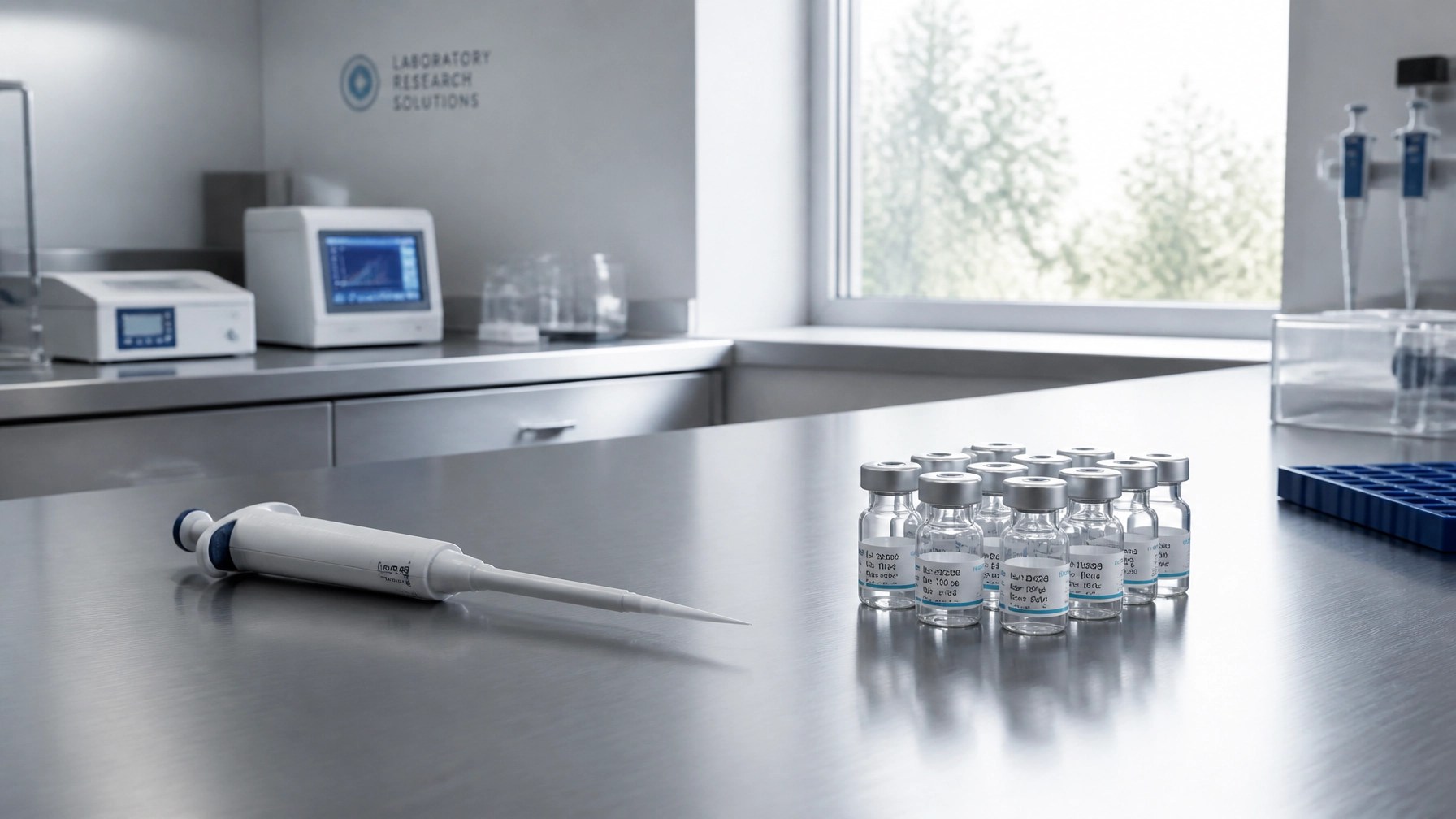 Modern laboratory workstation with brushed steel surfaces and precision equipment