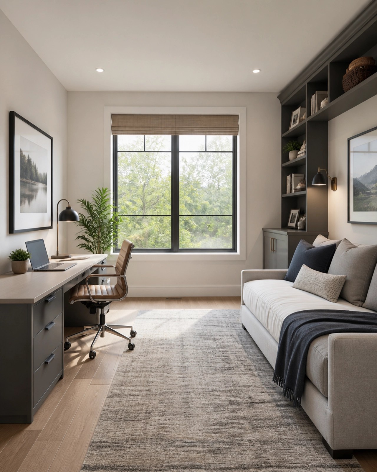 Modern interior of a bright flex room used as a home office and guest space