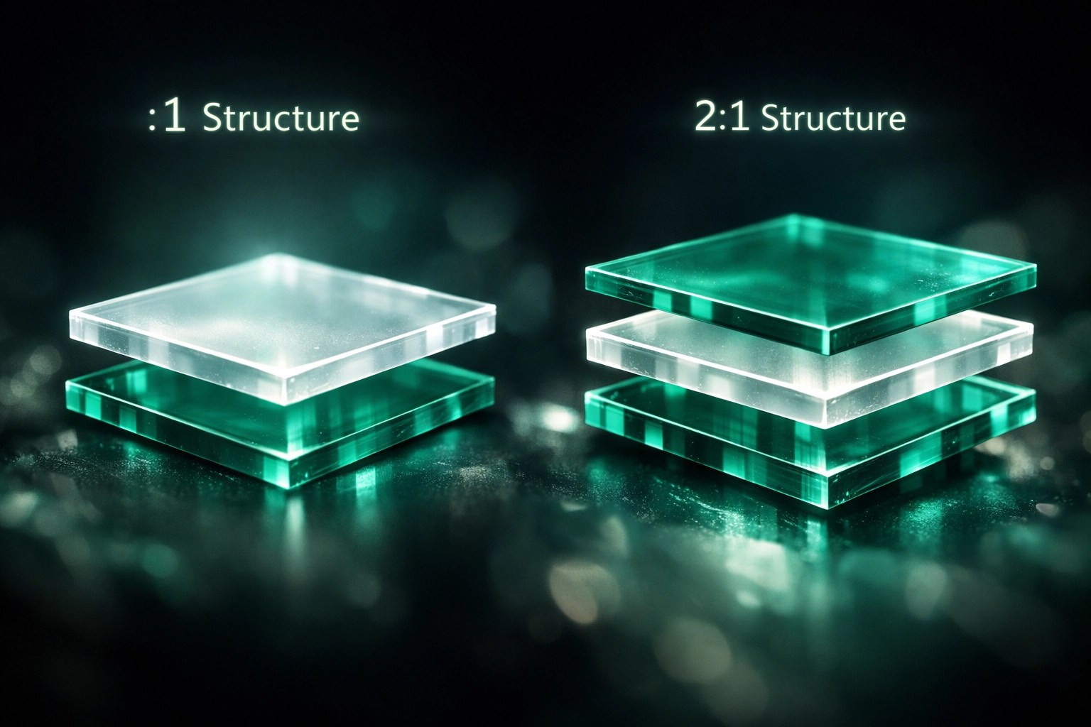 Microscopic visualization of healing clay mineral layers showing 1:1 and 2:1 crystalline structures.