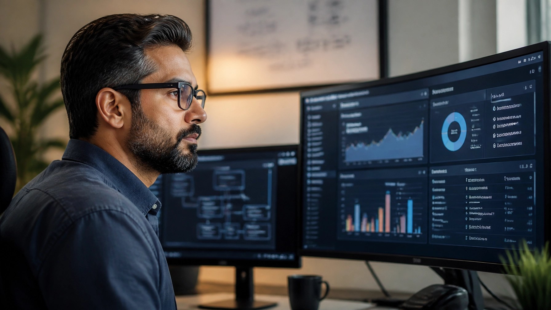 A digital strategist monitoring clinical dashboards, representing the role of ZPC as a Digital Guardian.