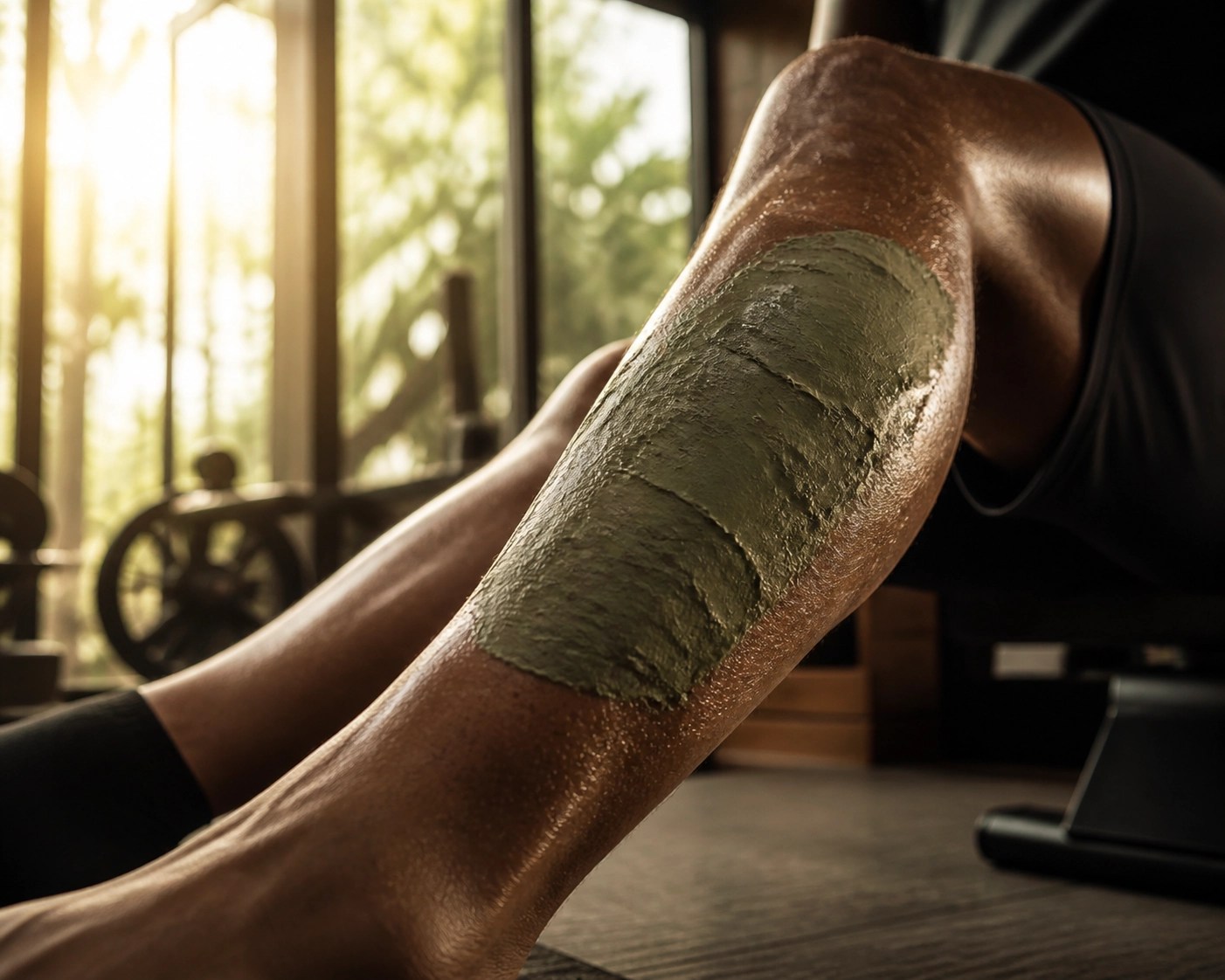 Athlete's leg with healing green clay applied to the calf for muscle recovery and detox.