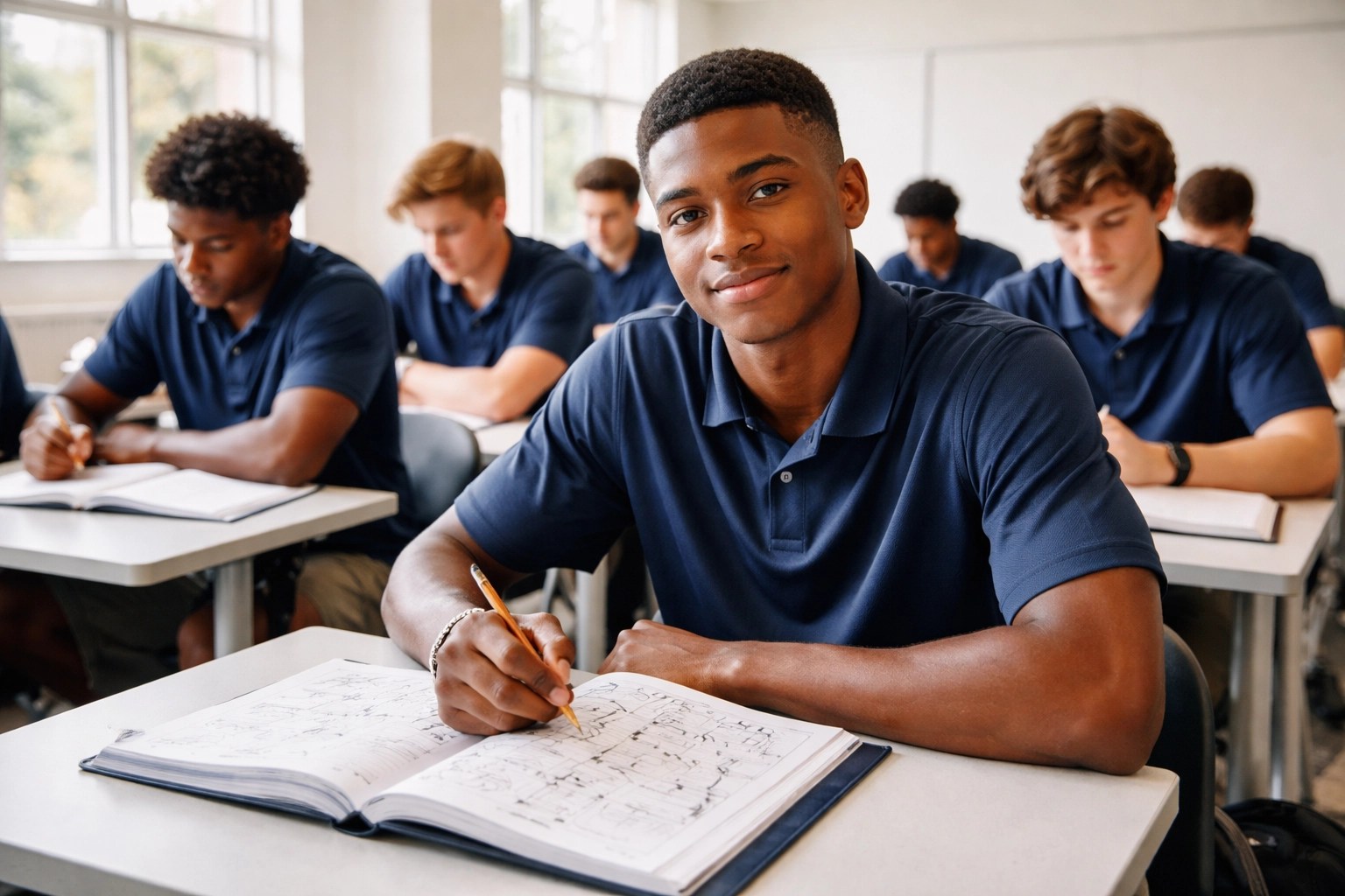 Diverse student-athletes in classroom with playbooks, reflecting iDareU Academy’s focus on building both athlete and student