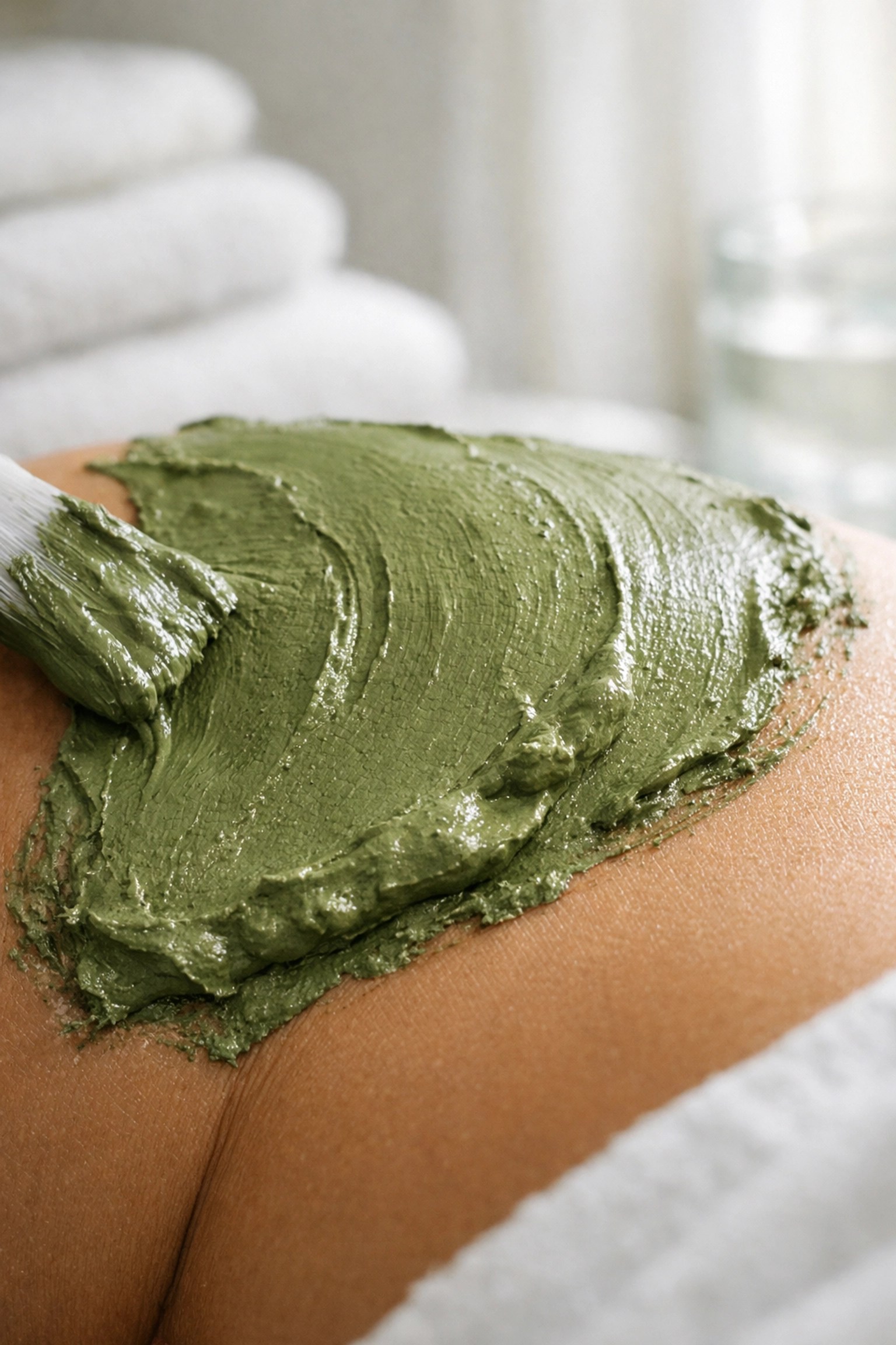 Natural green clay mask applied to skin for cellulite reduction and deep toxin removal.