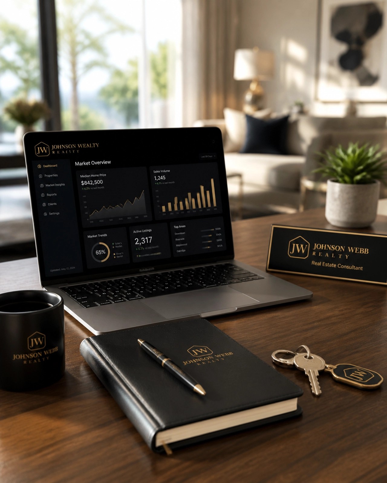 Professional real estate consultant's desk with market analysis tools and house keys