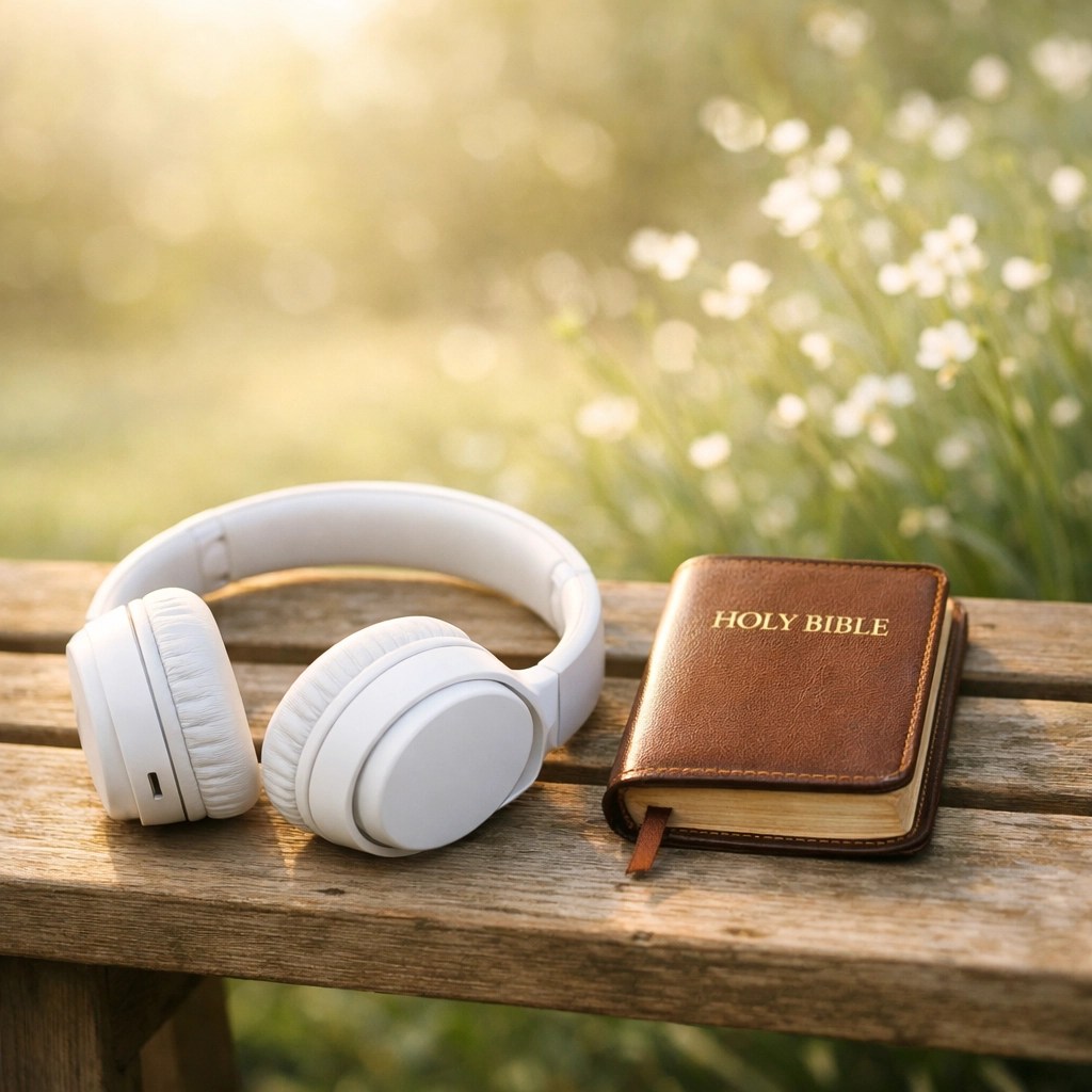 Headphones and a pocket Bible on a bench, highlighting flexible ways to engage with Scripture.