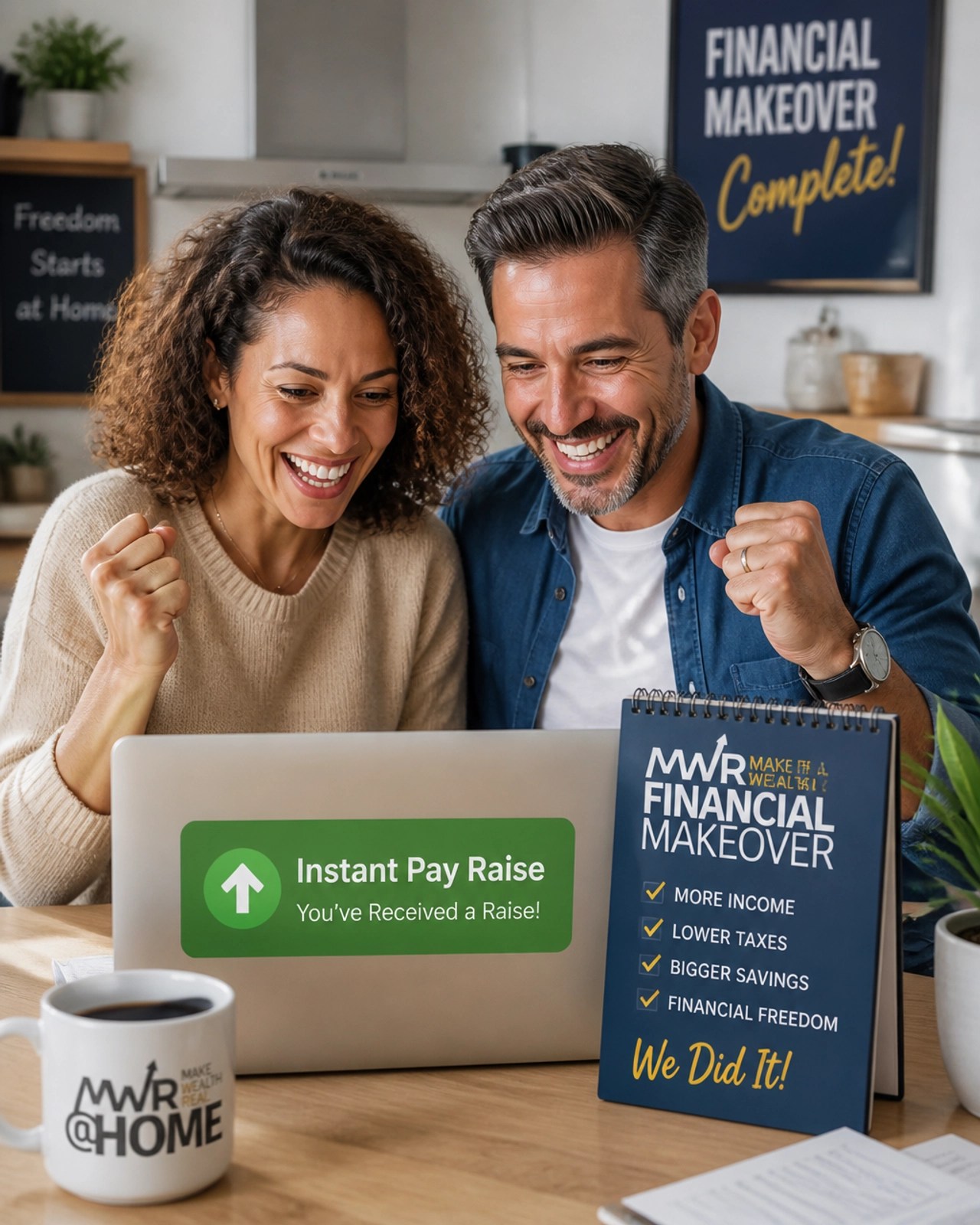 A happy couple in their late 30s celebrating a 'Financial Makeover' while looking at a laptop with an 'Instant Pay Raise' notification.