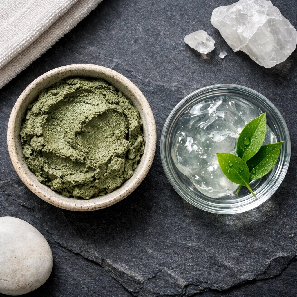 Natural green clay and cooling botanical gel for soothing sensitive skin and post-waxing recovery.