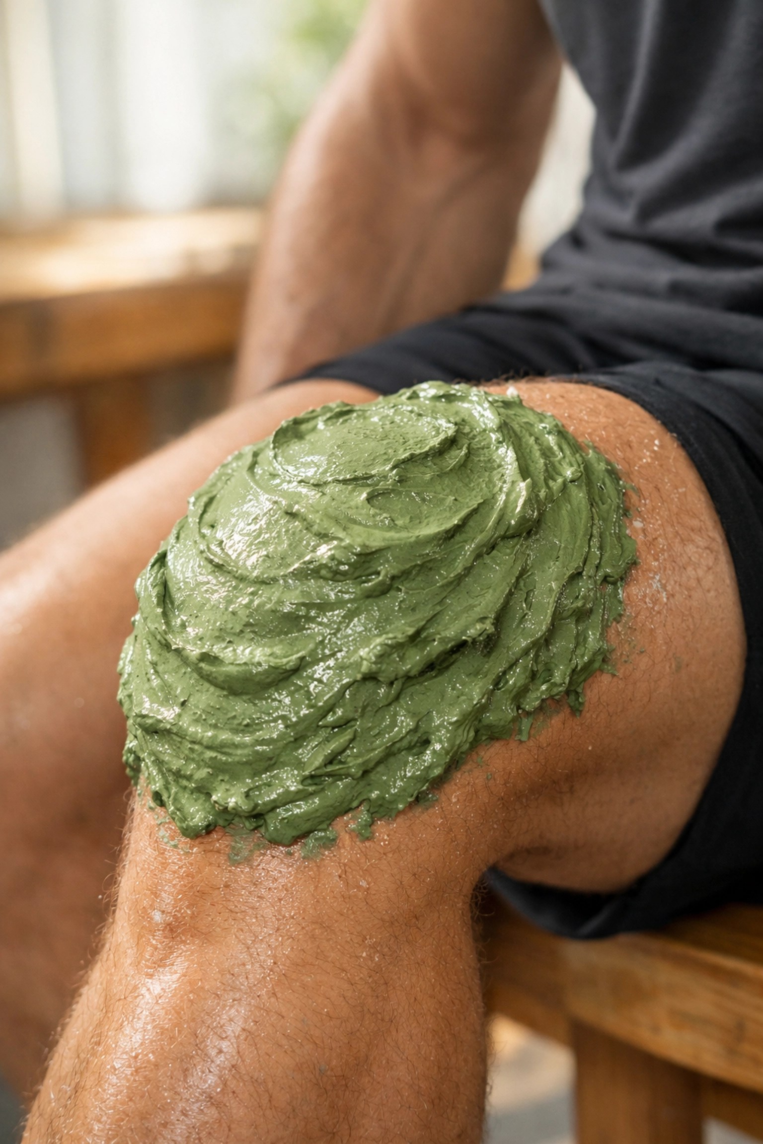 Green healing clay poultice applied to a knee to reduce inflammation and support athletic muscle recovery.