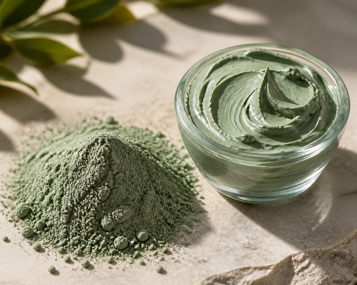 Pure French Green Clay powder and mineral-rich recovery paste in a glass bowl.
