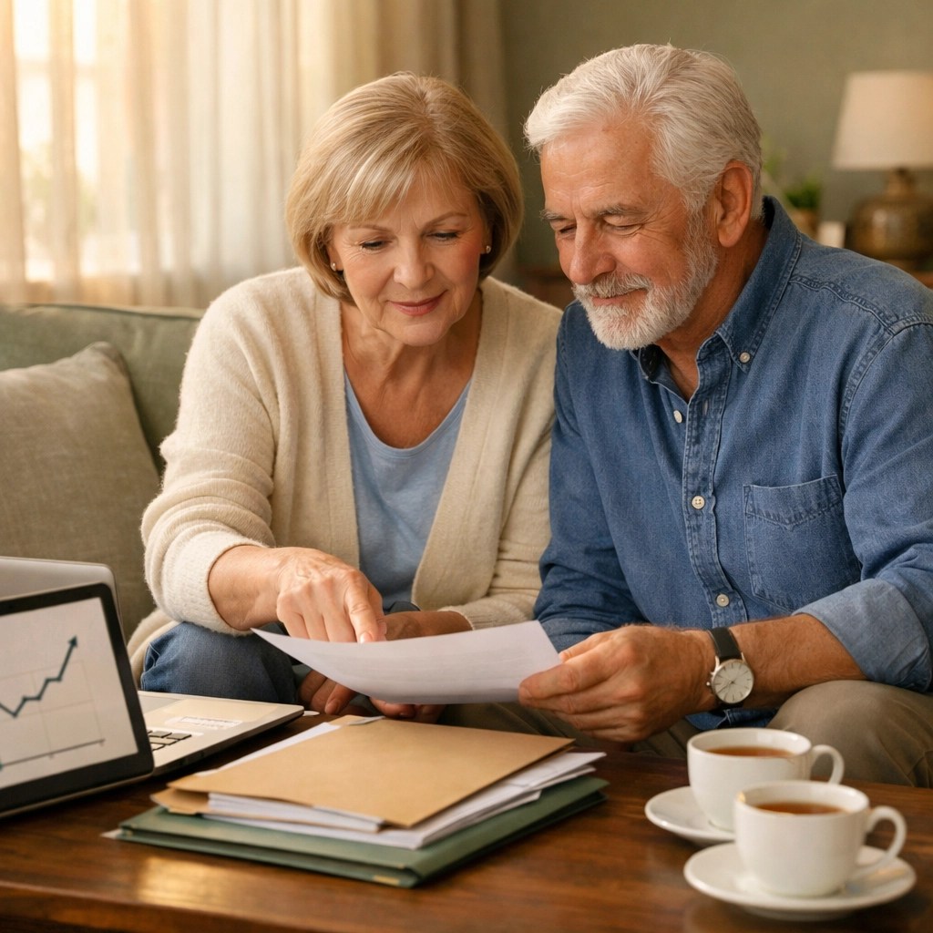 Senior couple reviewing retirement insurance plan together at home with confidence