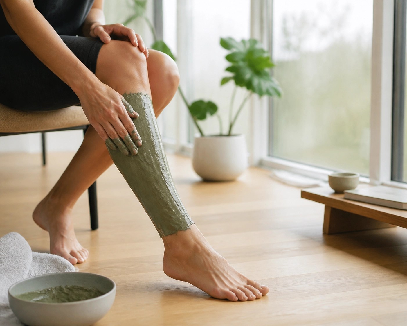 Athlete applying a French green clay recovery wrap to the calf for sports muscle inflammation relief.