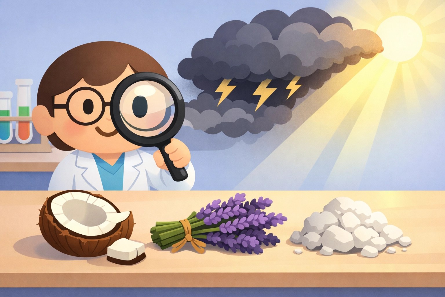 A chemist character choosing natural ingredients like lavender and coconut oil for clean, plant-based deodorant.