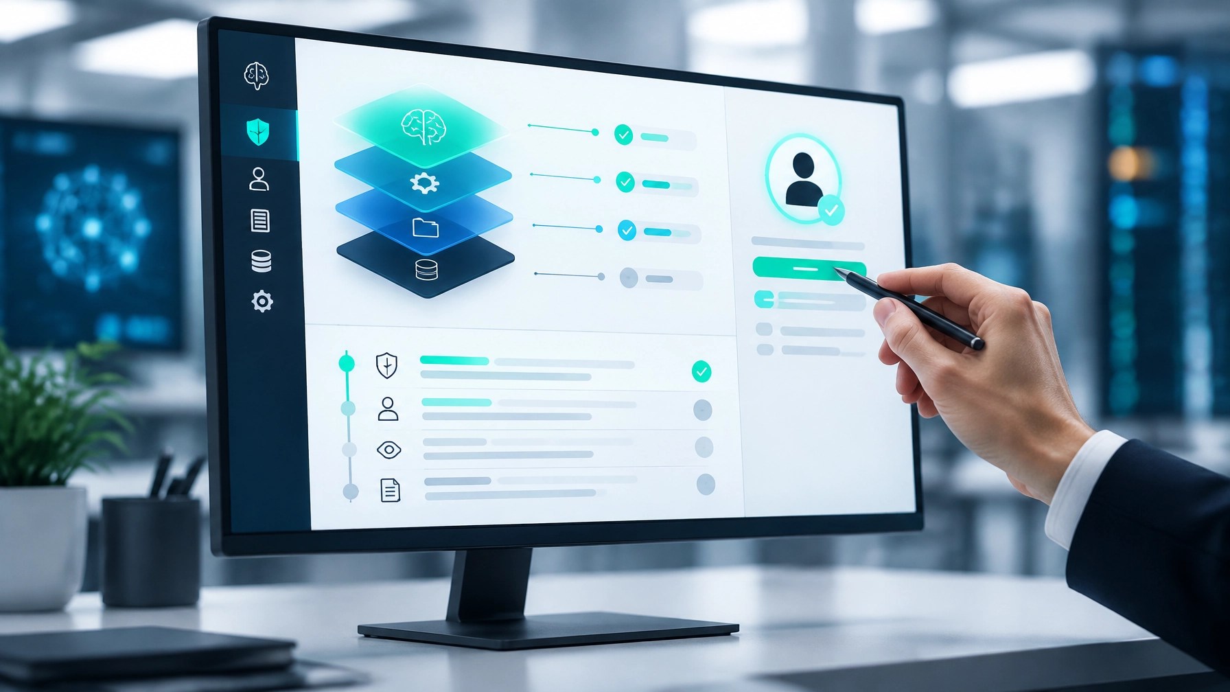 A professional reviewing a structured approval dashboard with permission layers and audit trails
