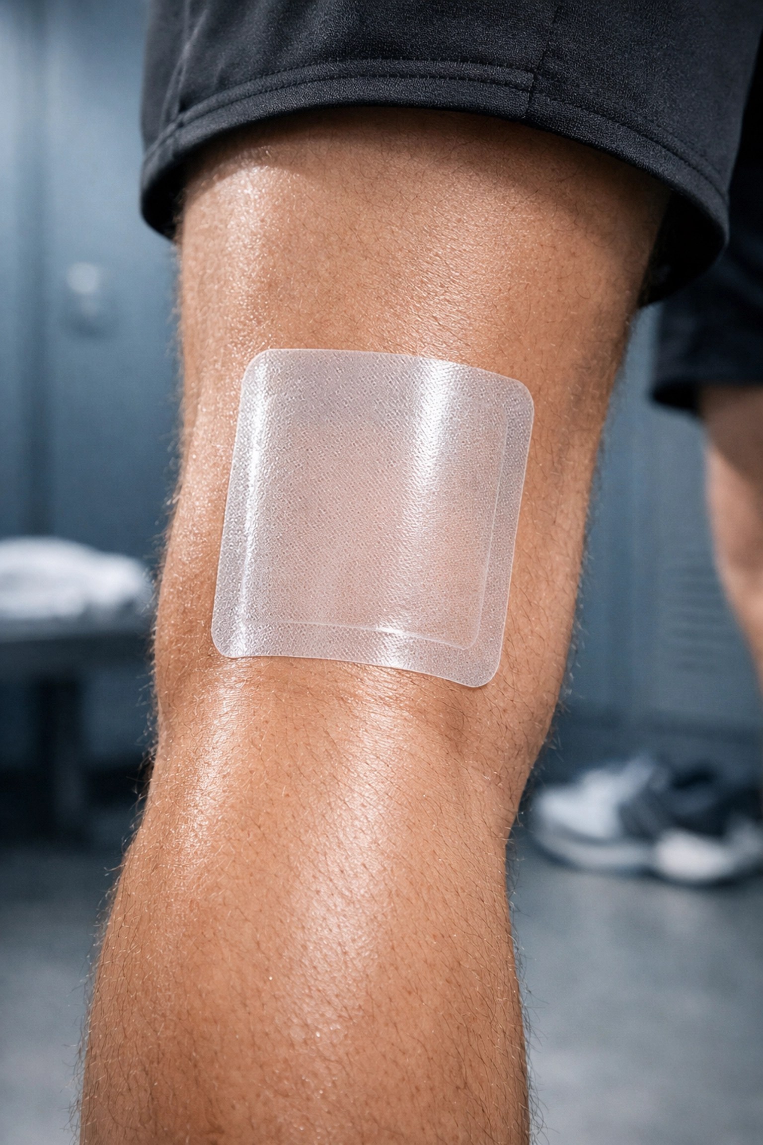 Close-up of a medical adhesive lidocaine patch on an athlete's leg for neuropathic pain relief.