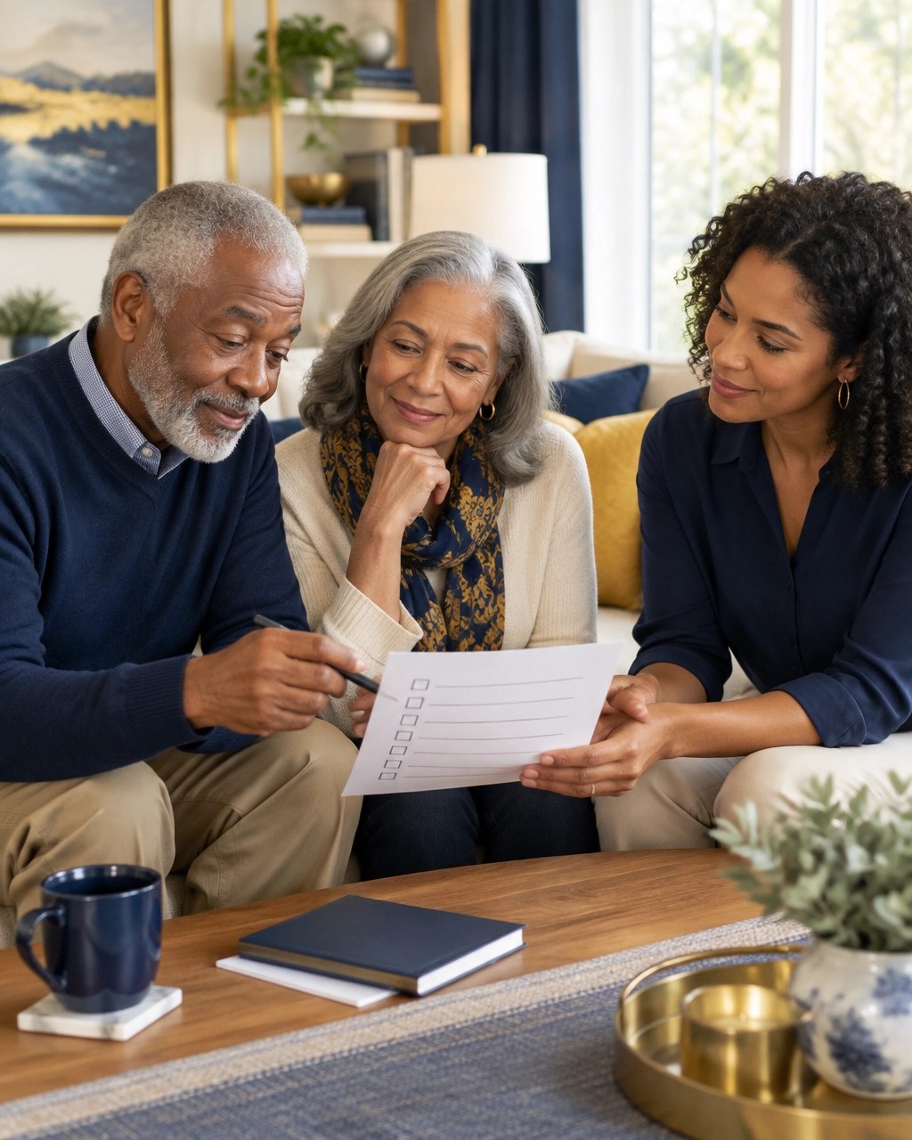Family organizing end-of-life wishes together in a bright living room
