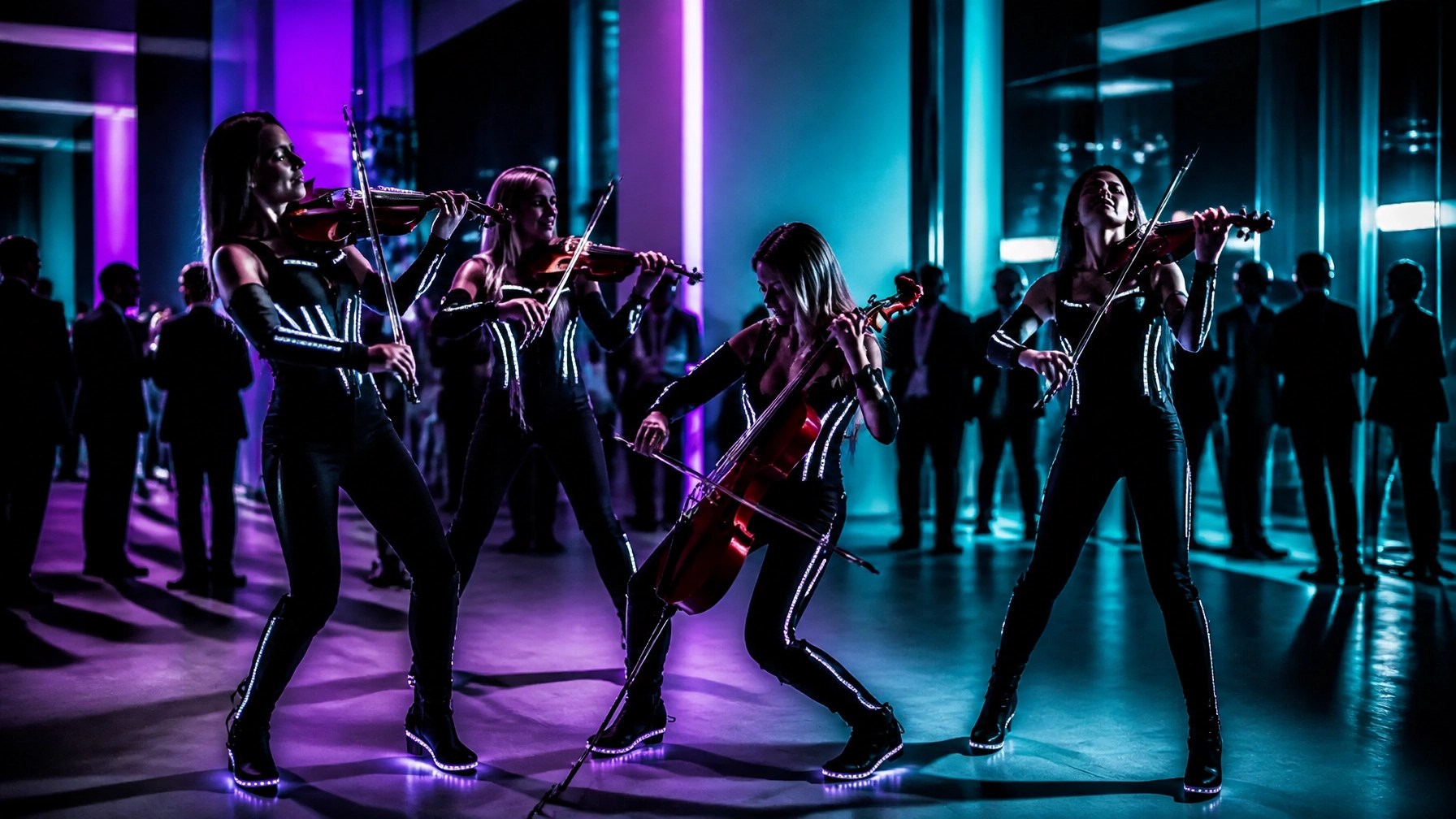 Urban Electra musicians moving through a modern venue in matching metallic dresses with wireless instruments