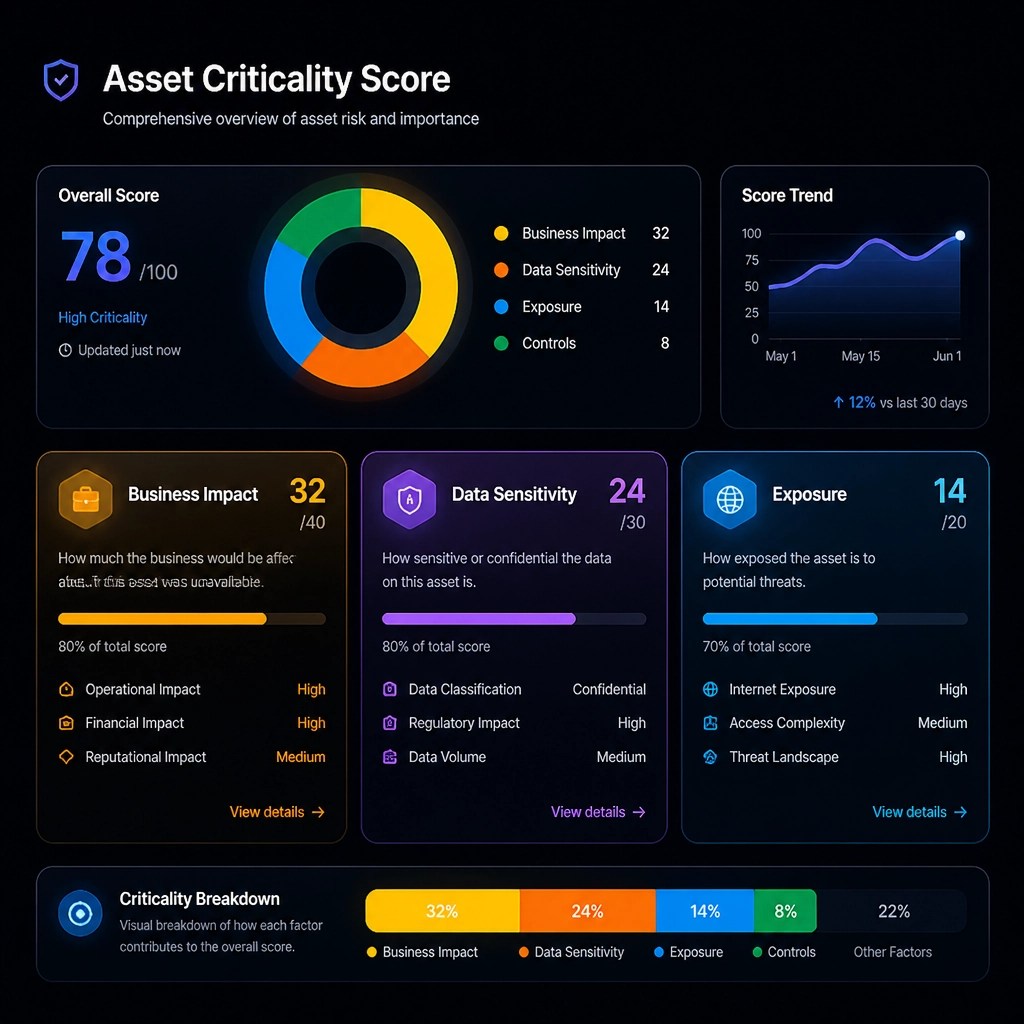 A detailed UI component showing the Asset Criticality Score breakdown including Business Impact, Data Sensitivity, and Exposure.