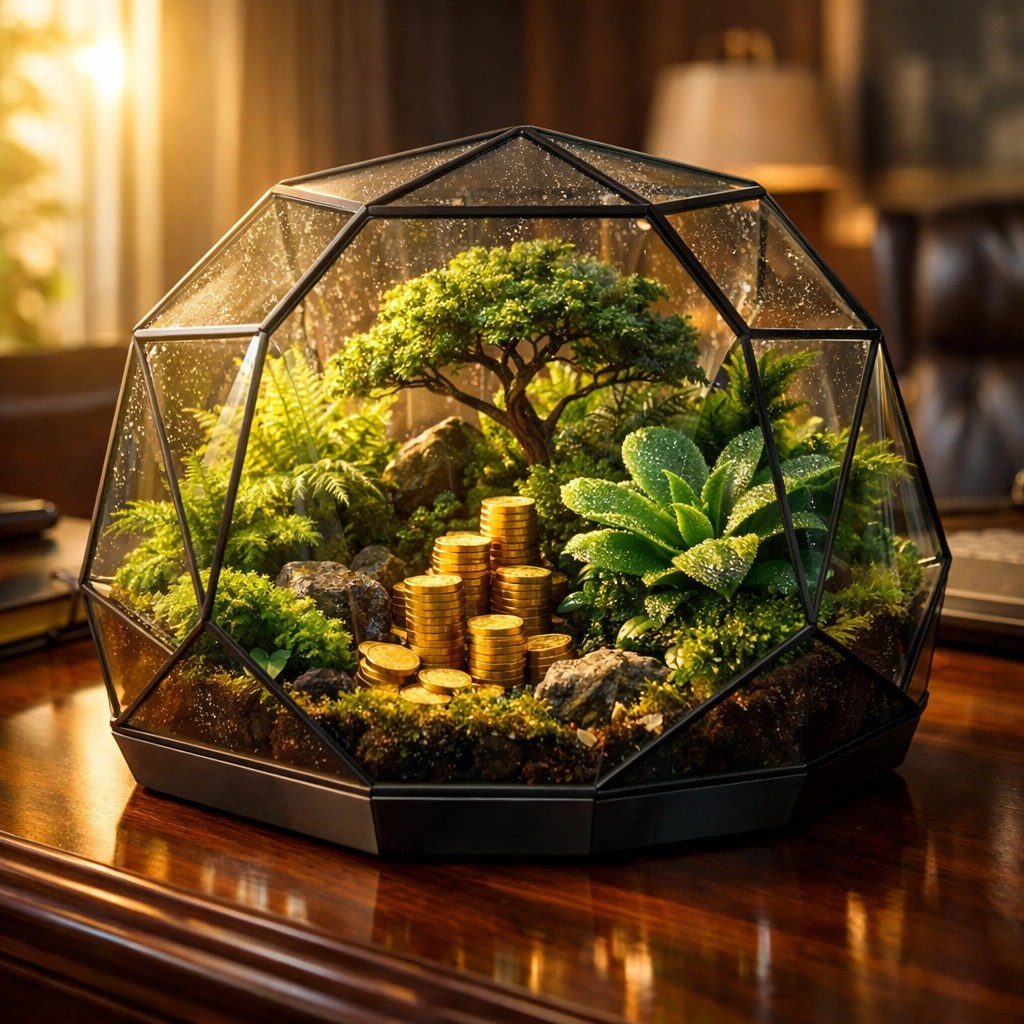 A vibrant terrarium on an office desk representing protected tax-advantaged wealth growth.