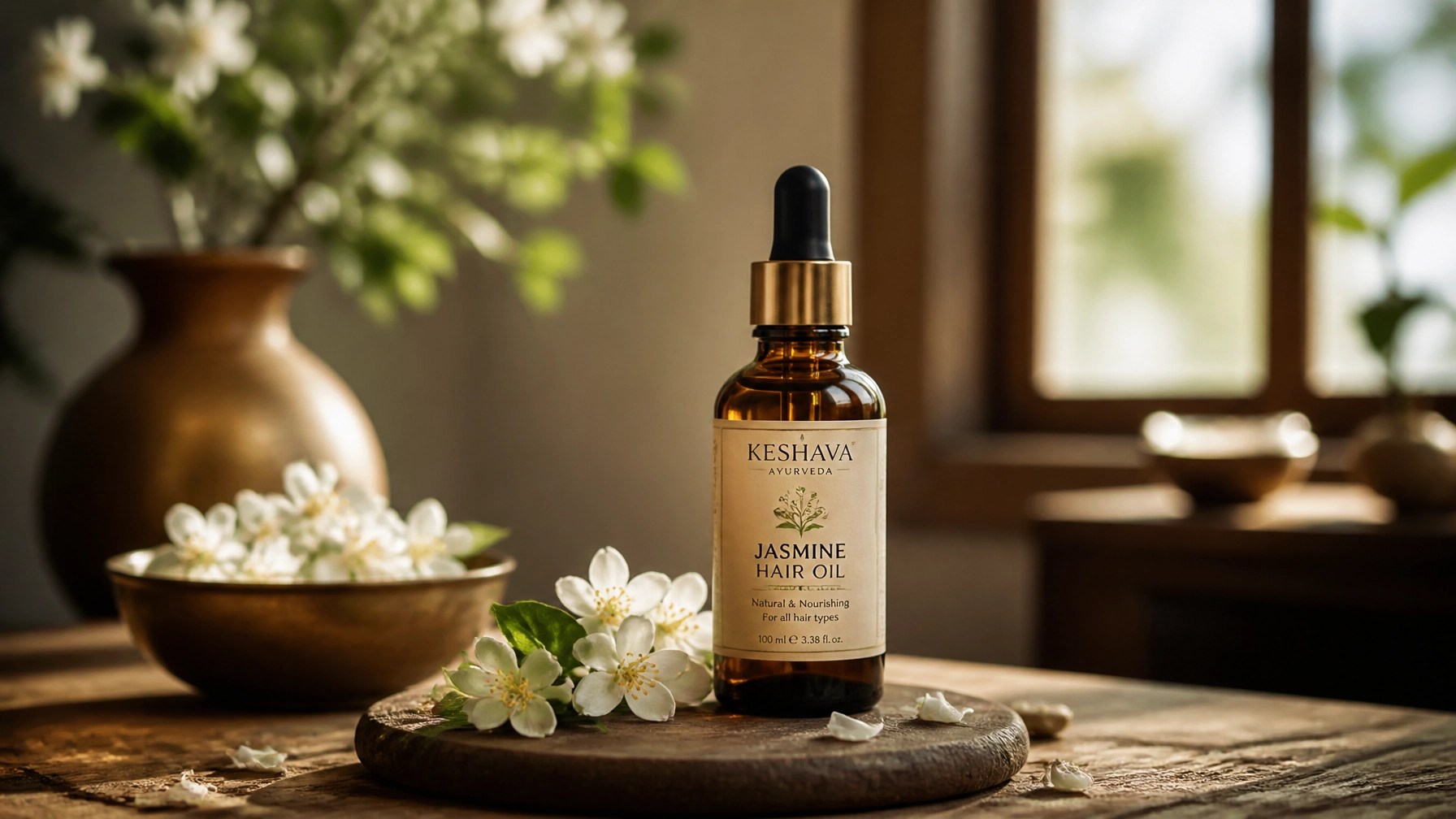 An elegant amber bottle of Nasya oil, used to clear the senses and nourish the mind.