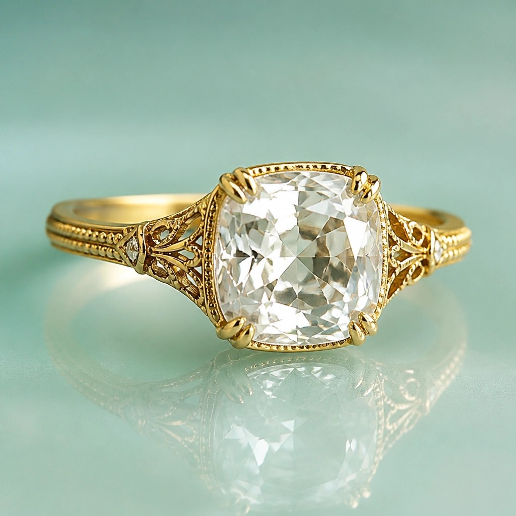 Antique cushion-cut diamond ring with filigree details