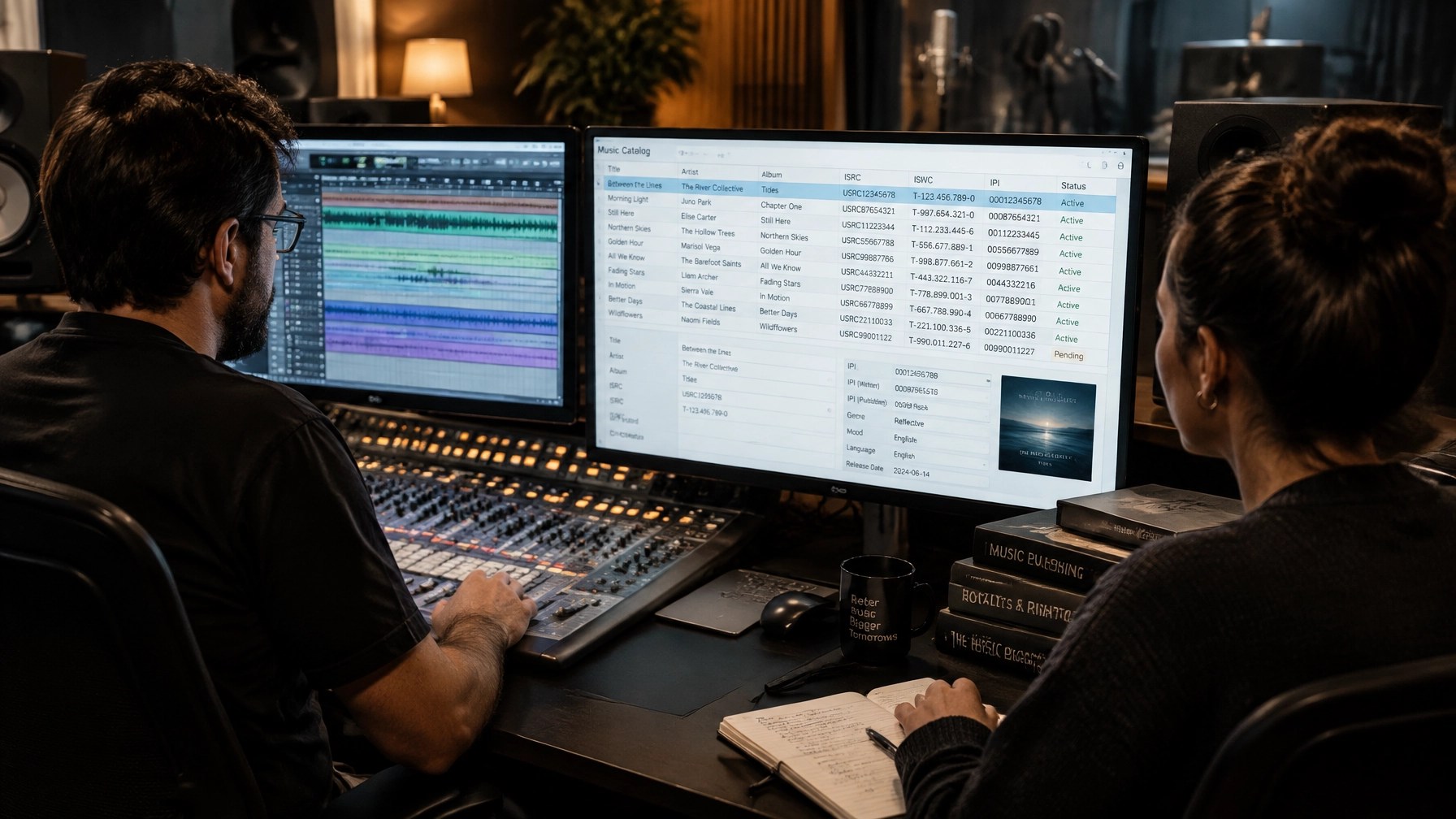 Sound engineer and catalog manager at a mixing console and workstation with audio session, metadata spreadsheet, and organized catalog records visible