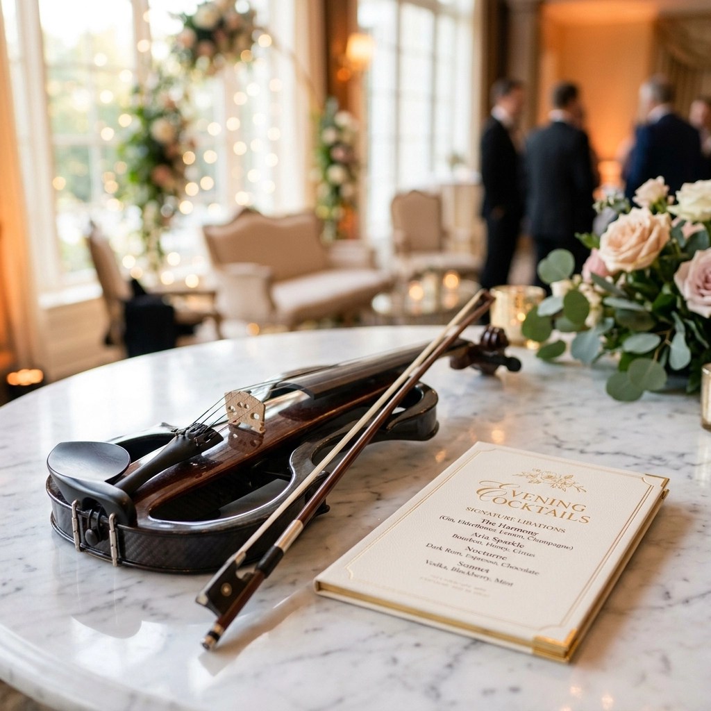 Modern electric violin on a marble table with luxury decor