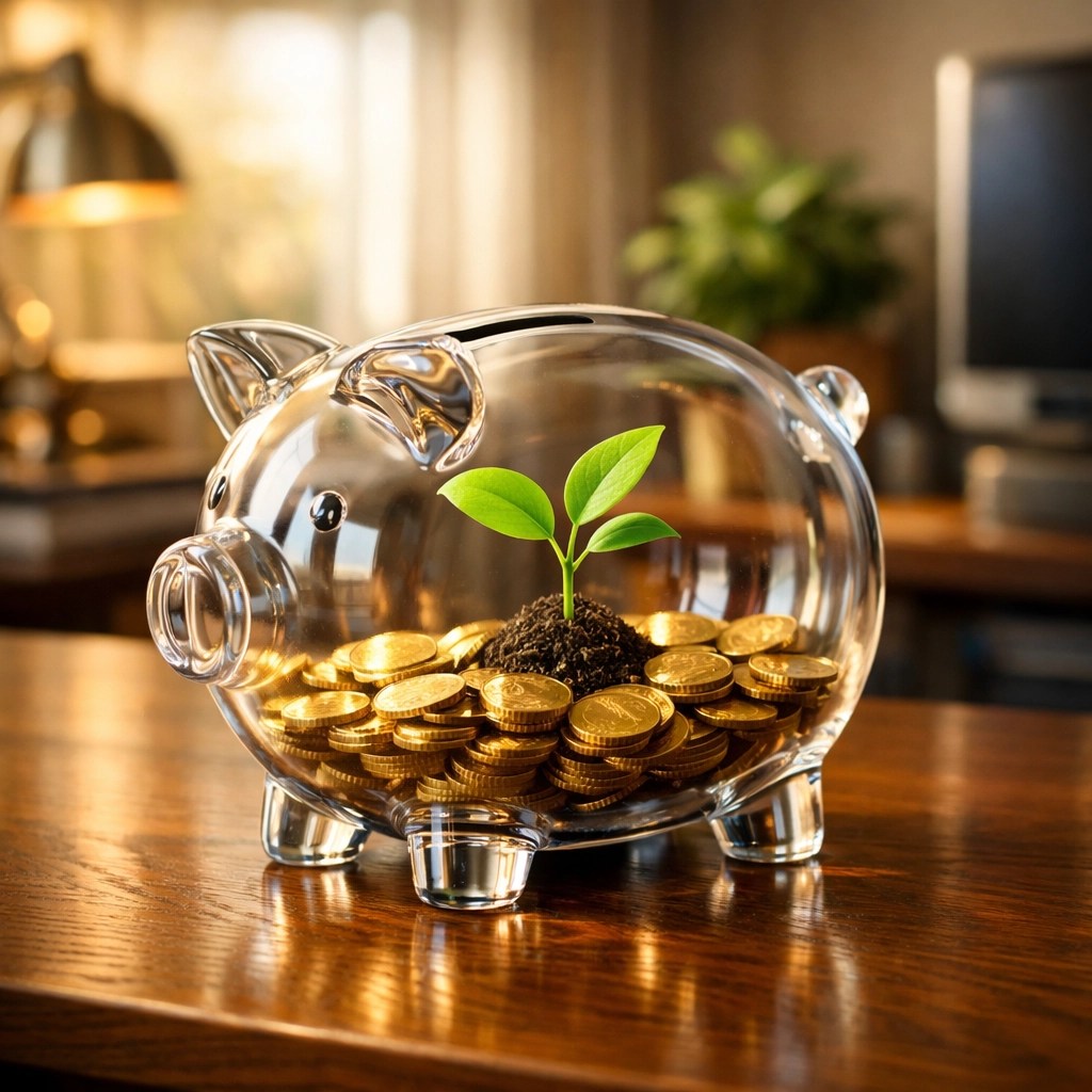 Glass piggy bank with a green sprout, representing tax-free growth in a Georgia Catastrophe Savings Account.
