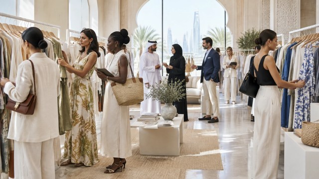 Fashion buyers and industry professionals examine resortwear in a contemporary Dubai-inspired showroom