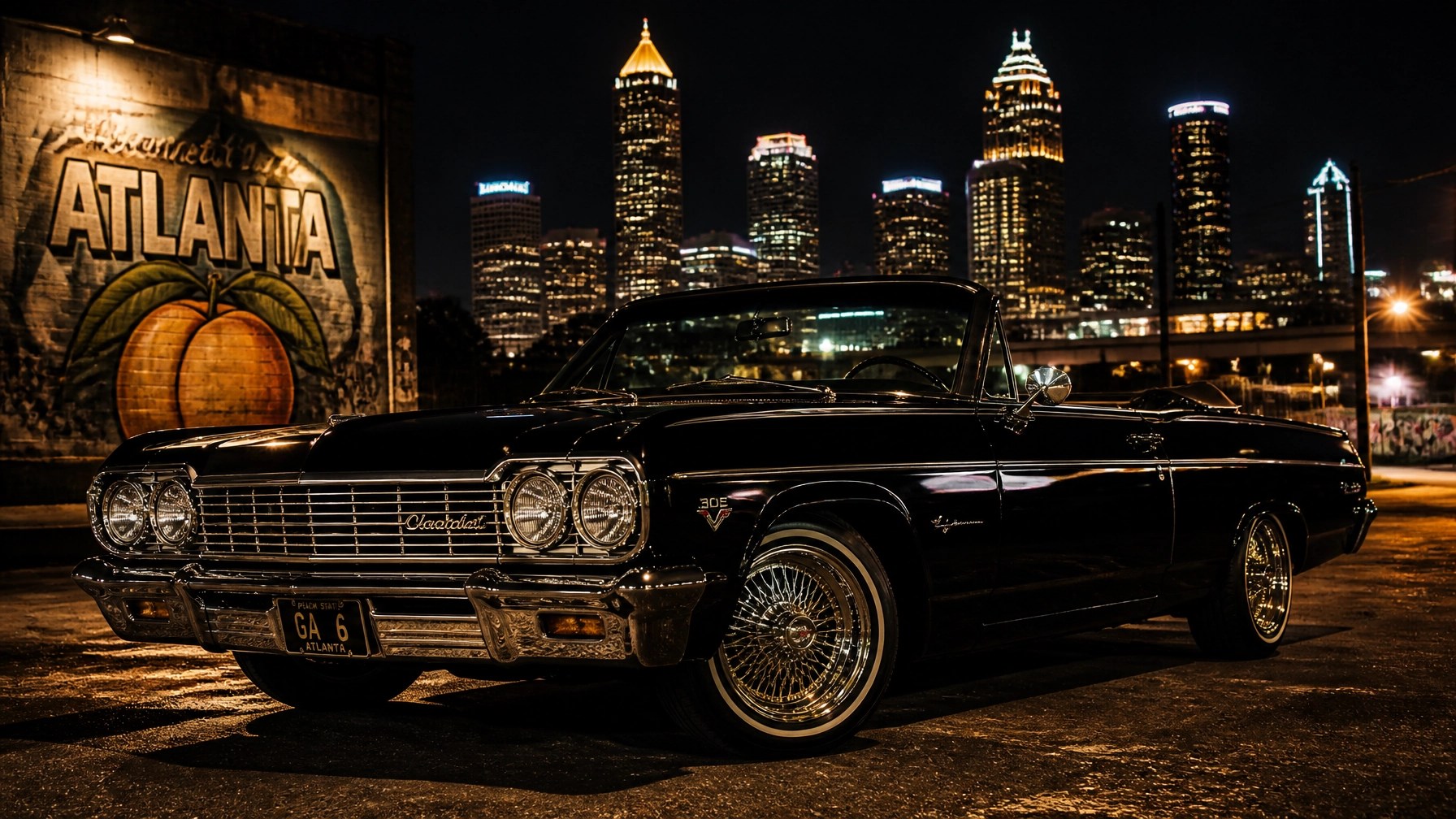 A classic black Chevrolet convertible parked in front of the glowing Atlanta skyline at night