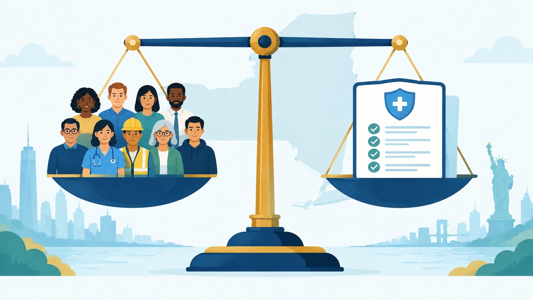 Editorial illustration of community rating and standardized New York small group health insurance premiums