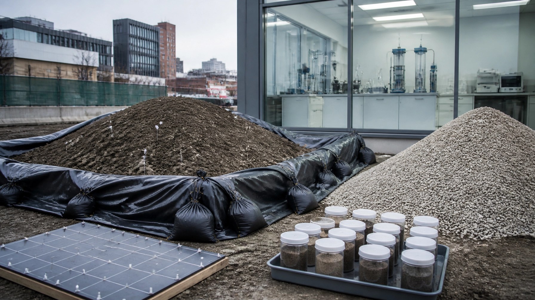 Organized construction soil management area with covered historic fill, clean fill, sample jars, and separation controls