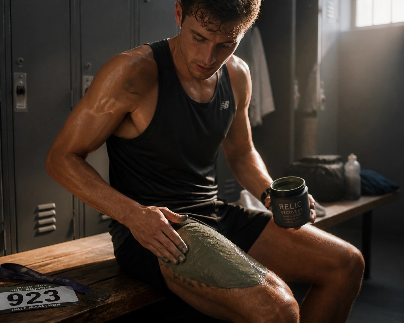Athlete applying green recovery clay to sore leg muscles after training for faster muscle repair.