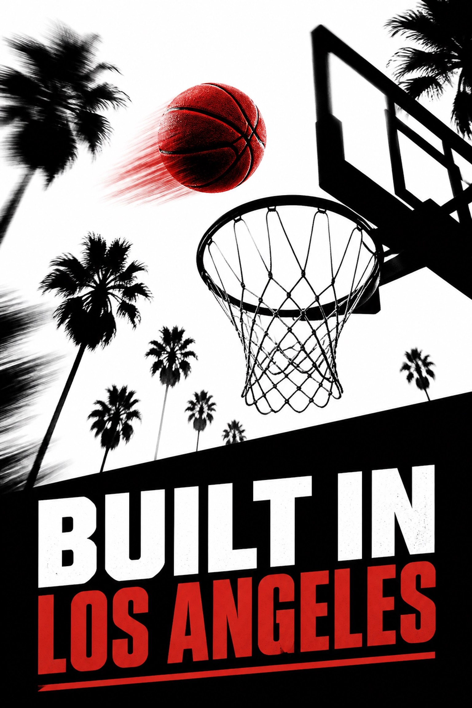Action shot of a red basketball with LA palm tree silhouettes celebrating West Coast sports culture.