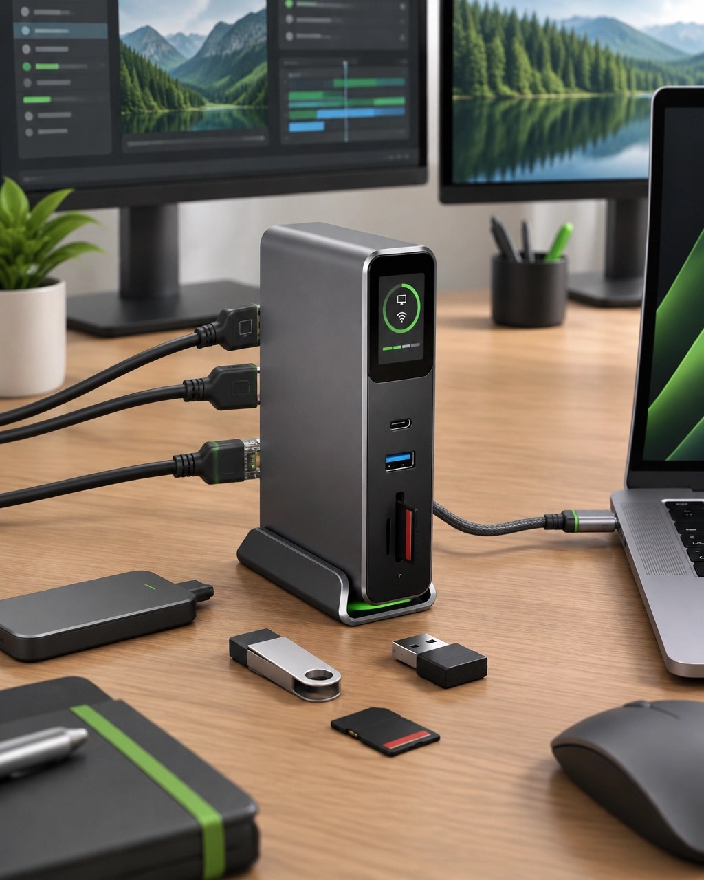 A compact desktop USB-C hub with a smart display beside a laptop and neatly routed cables