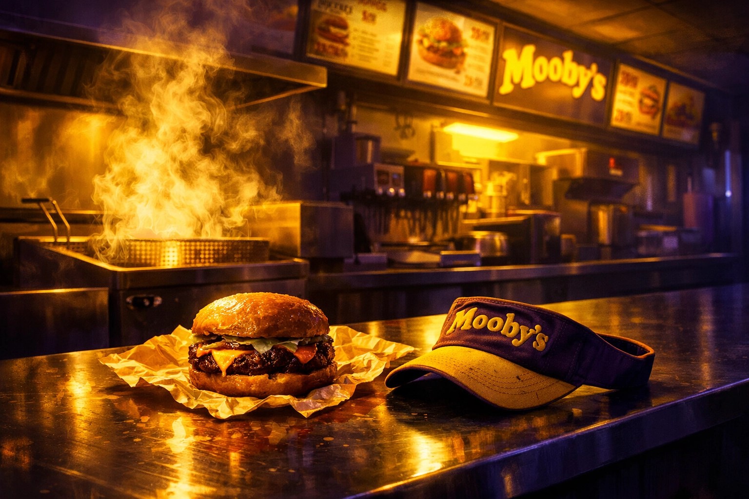 A lonely burger and employee visor under yellow lights at the Mooby's fast food restaurant in Clerks II.