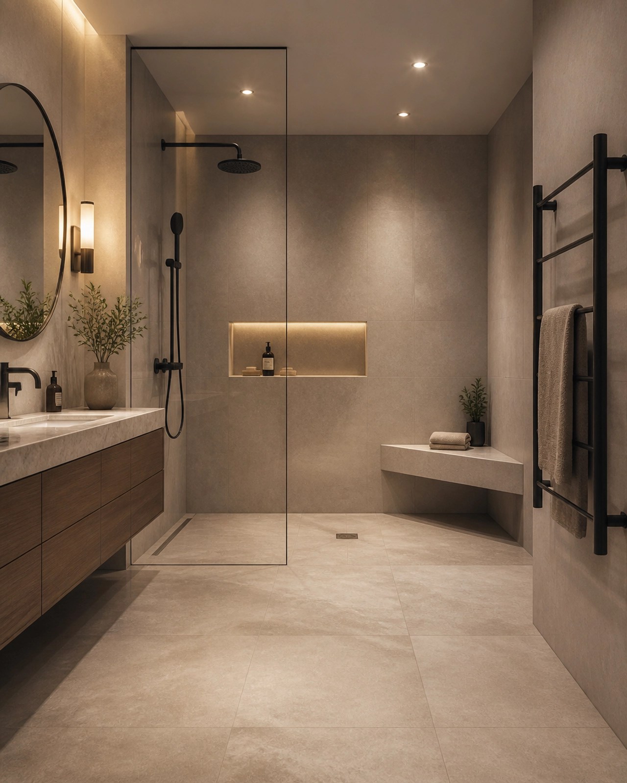 A luxurious, modern bathroom interior featuring a large curbless, zero-threshold walk-in shower with matte black fixtures.