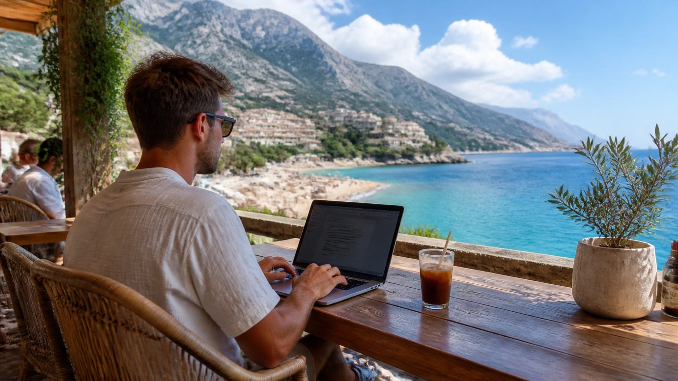 A friendly outdoor cafe in Himarë Albania overlooking the sea