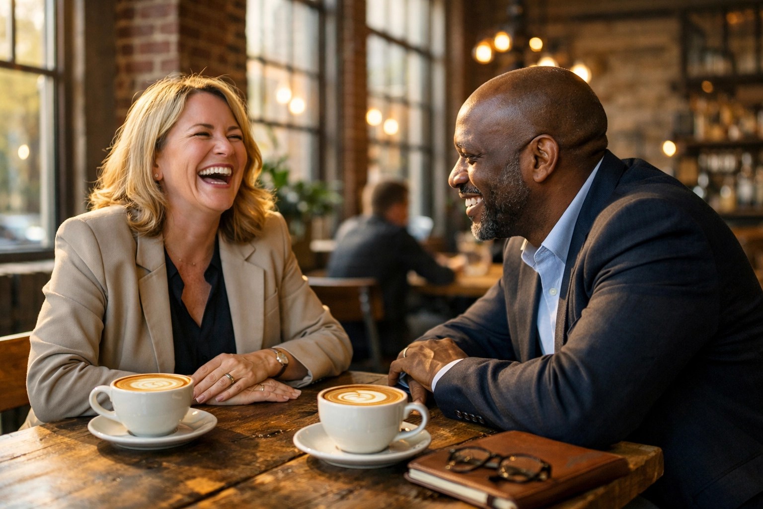 Business owners at an Indianapolis coffee shop using the un-networking method to build referral partnerships.