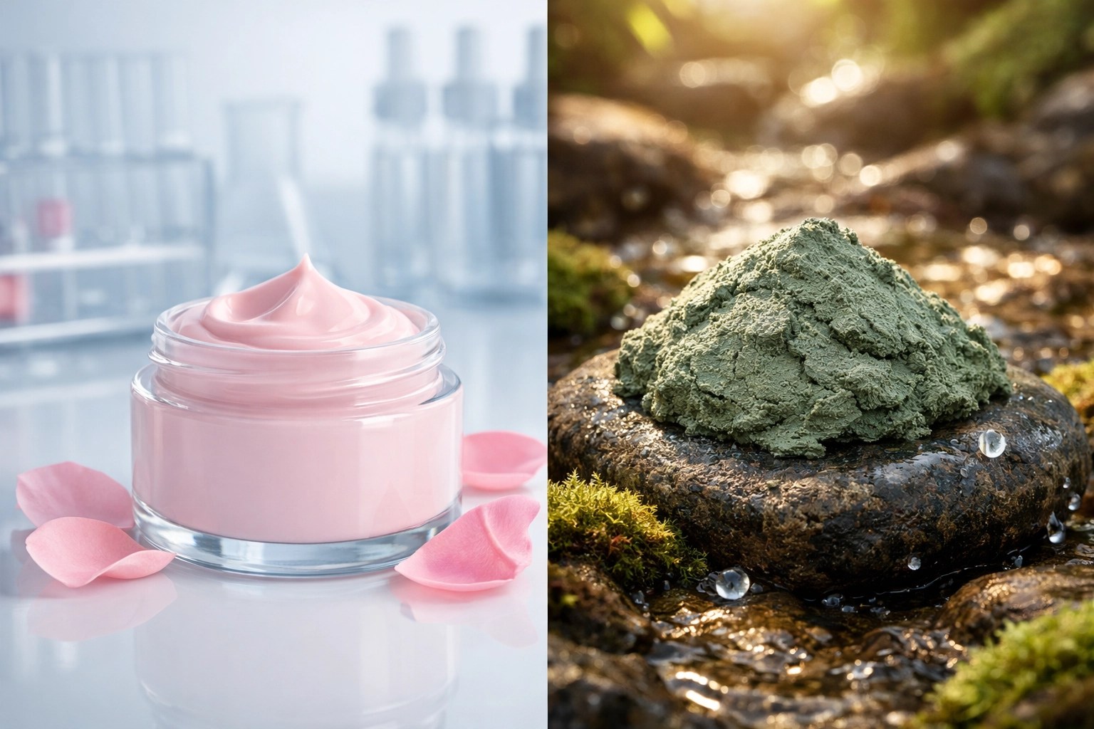 Natural French green clay minerals vs synthetic drugstore face masks for deep skin detox.