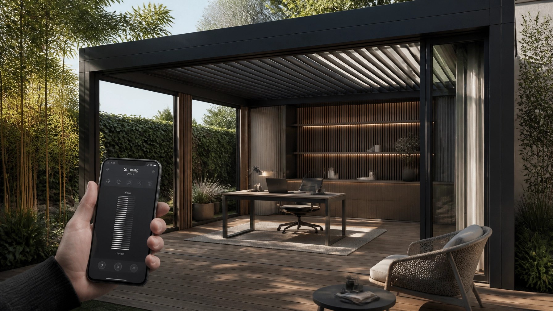 Modern outdoor workspace featuring a flat roof canopy