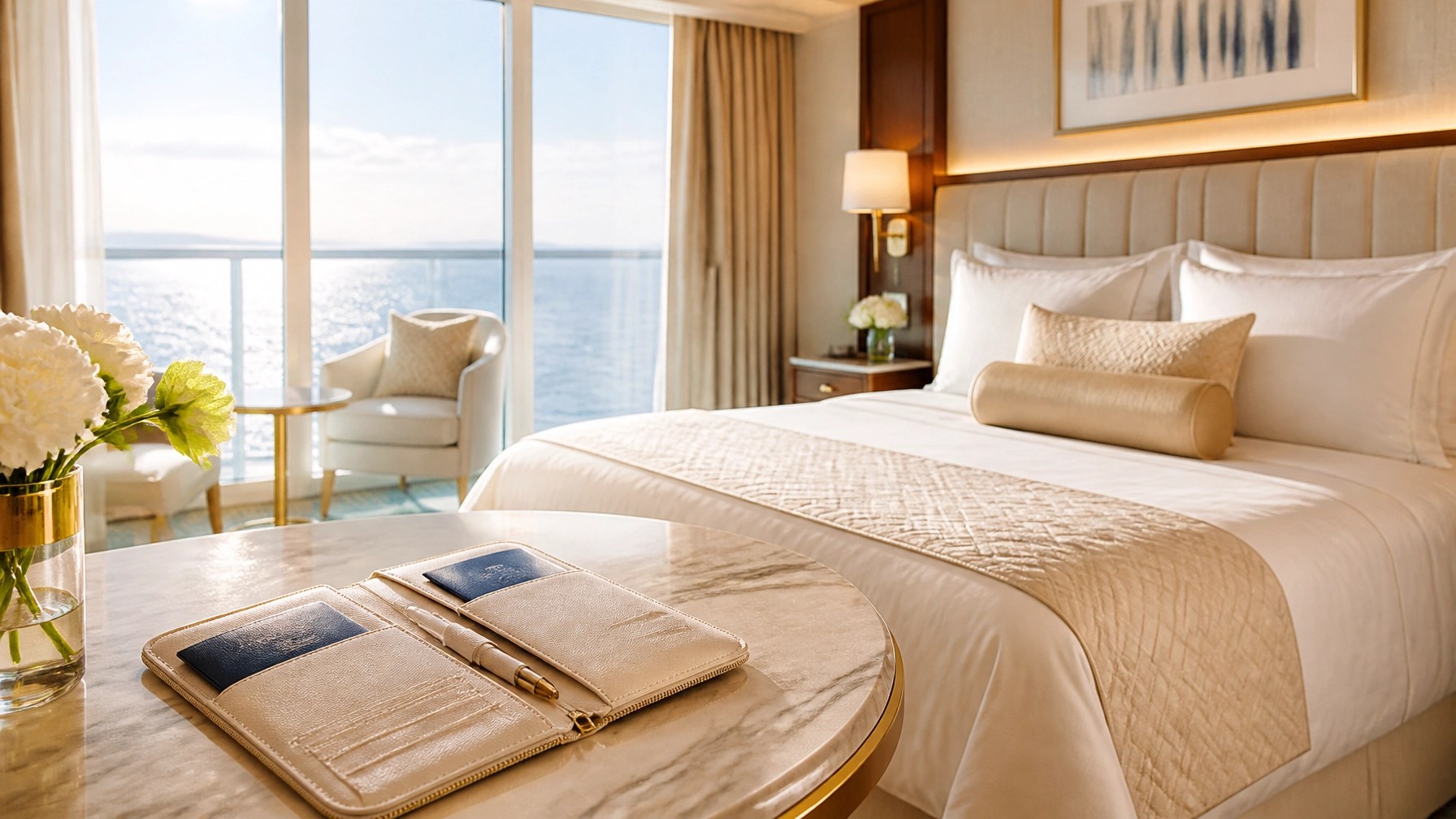 Immaculate luxury cruise suite with organized passport folder on a marble table beside an ocean-view window