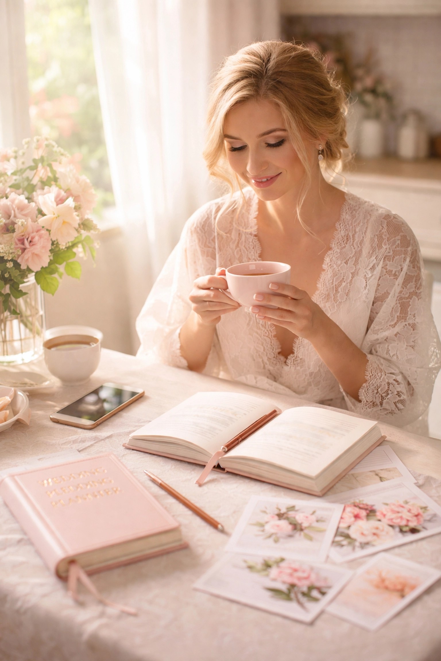 Bride-to-be planning her wedding fayre visit with notebook and planner at kitchen table